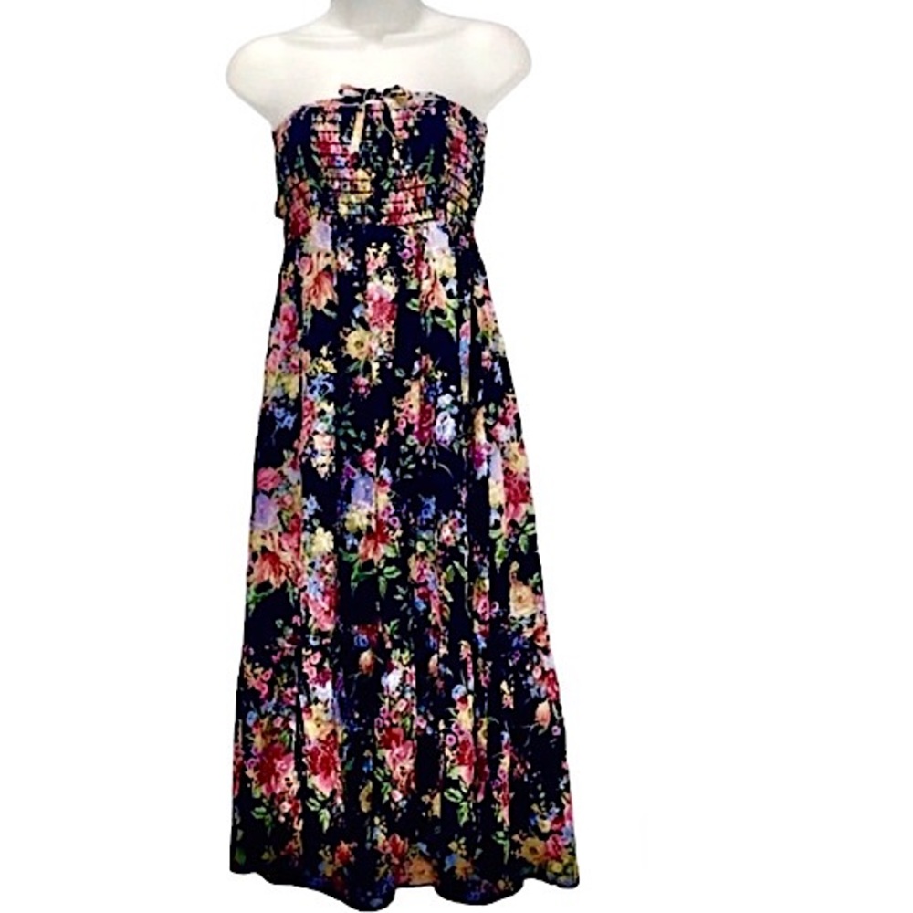 Anthropologie Strapless Floral Bow Tie Smocked Maxi Dress Summer Vacation Boho